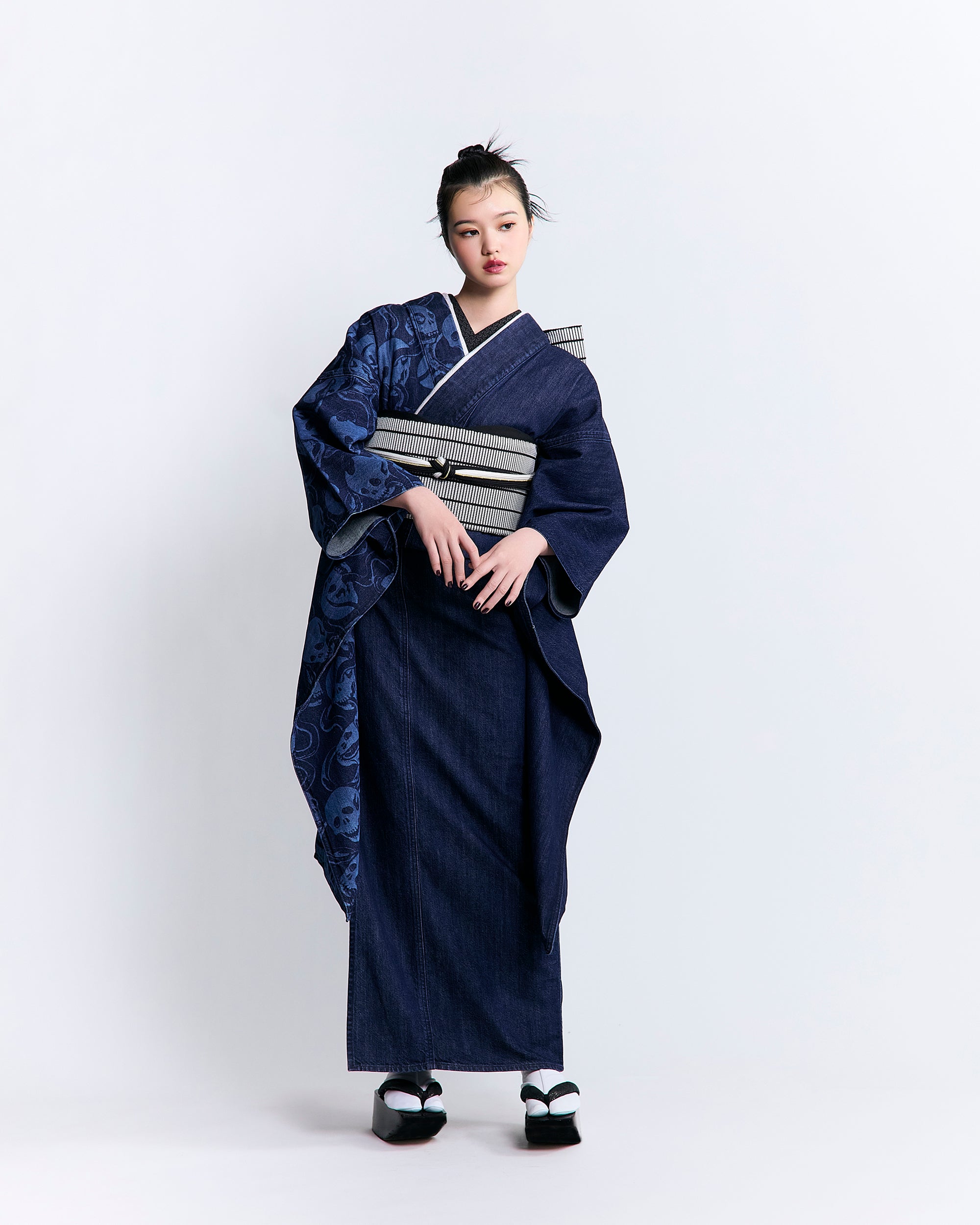 デニム蛇と髑髏1yr×銀畳格子|デニム振袖