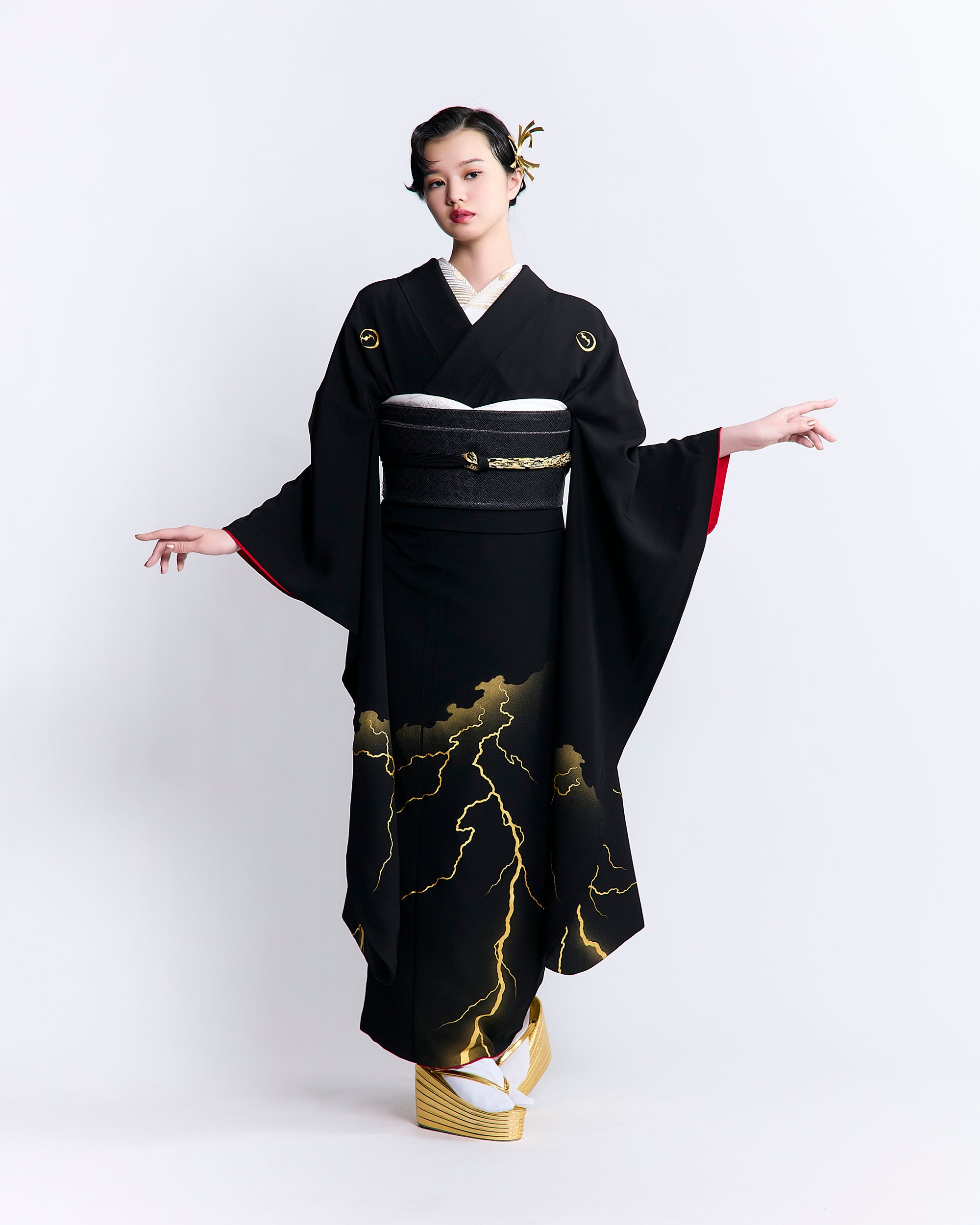 黒紋付稲妻|手染め友禅