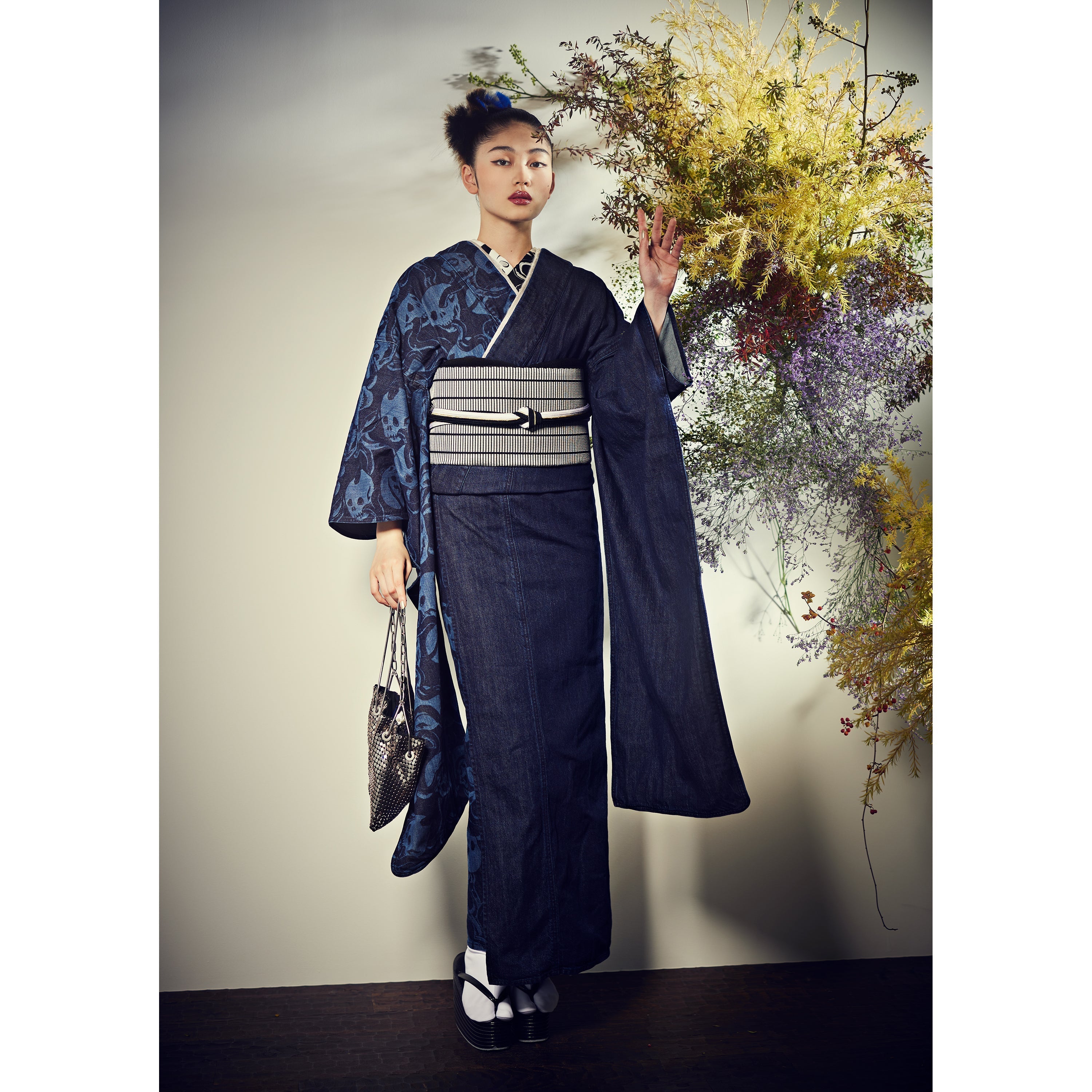デニム蛇と髑髏1yr×銀畳格子|デニム振袖