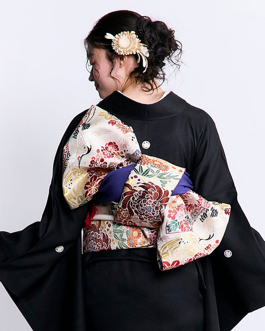 Fukuro Obi ``Chrysanthemum Crane'' White