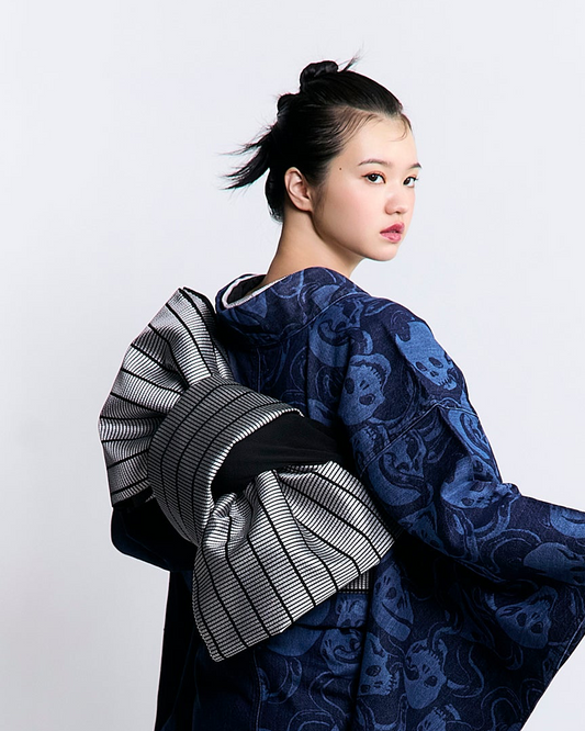 Fukuro Obi "Gin Tatami Lattice"