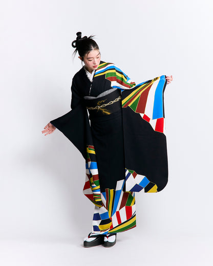 成人式振袖レンタル｜扇縞 黒