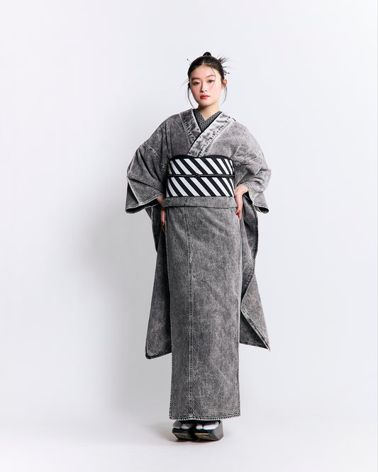 [Purchase as a set] Denim Furisode "Gray Coordinate"
