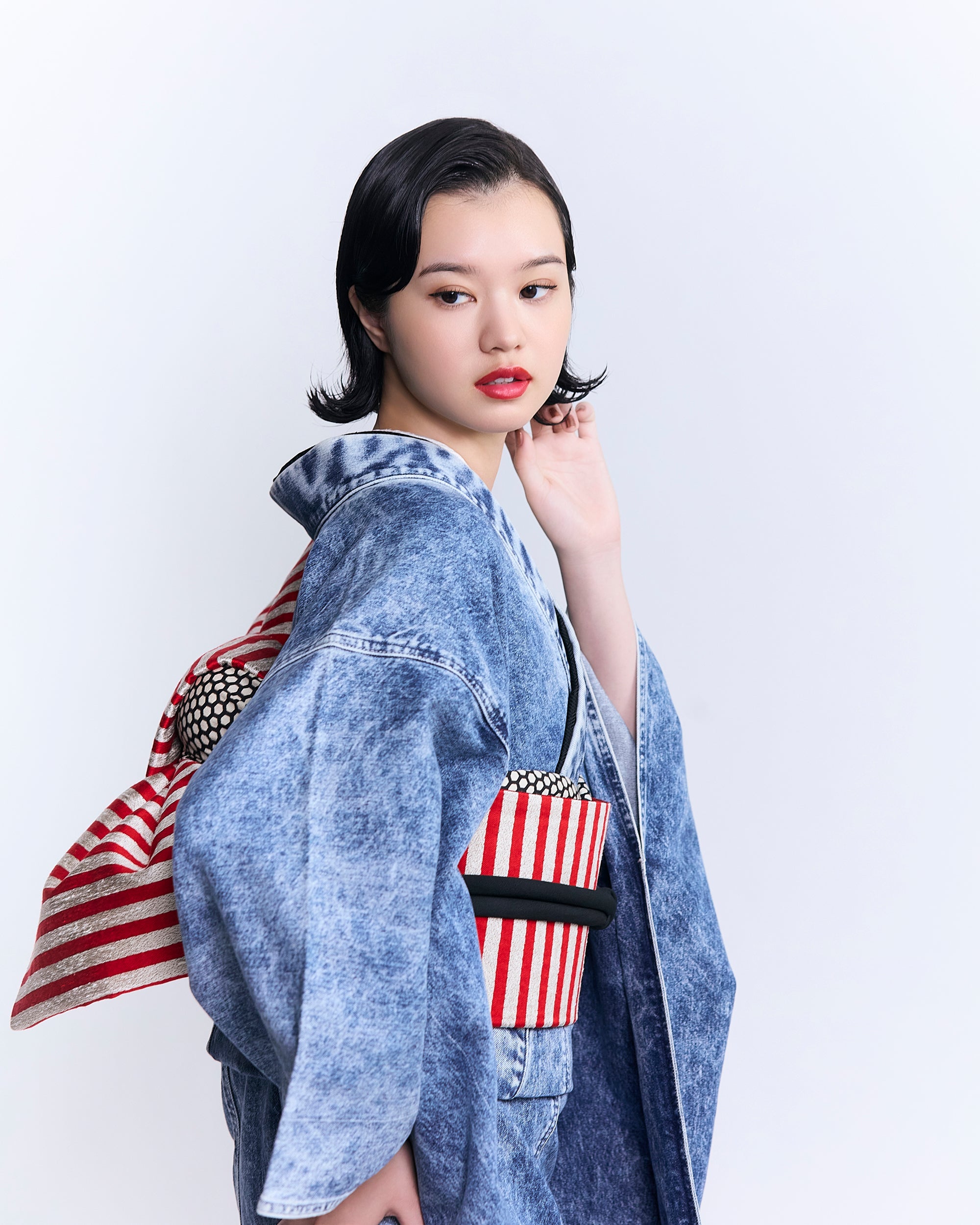 [Purchase as a set] Denim Furisode "Gray Coordinate"