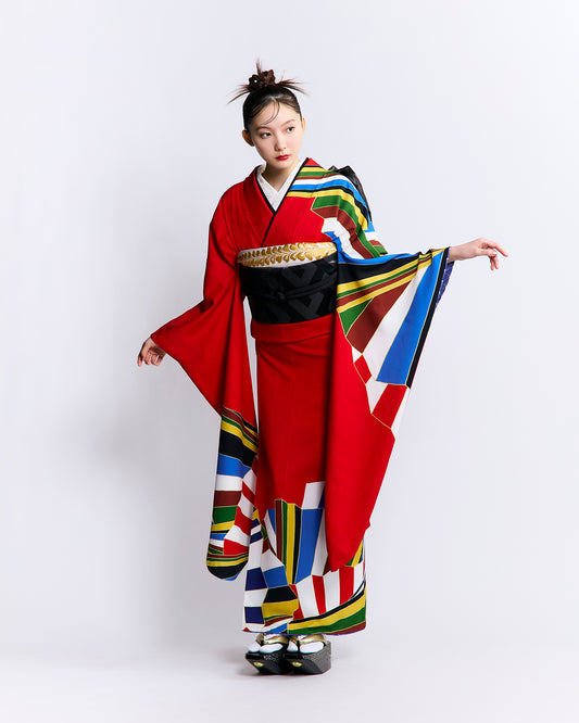 成人式振袖レンタル｜扇縞 赤
