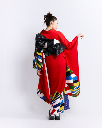 成人式振袖レンタル｜扇縞 赤