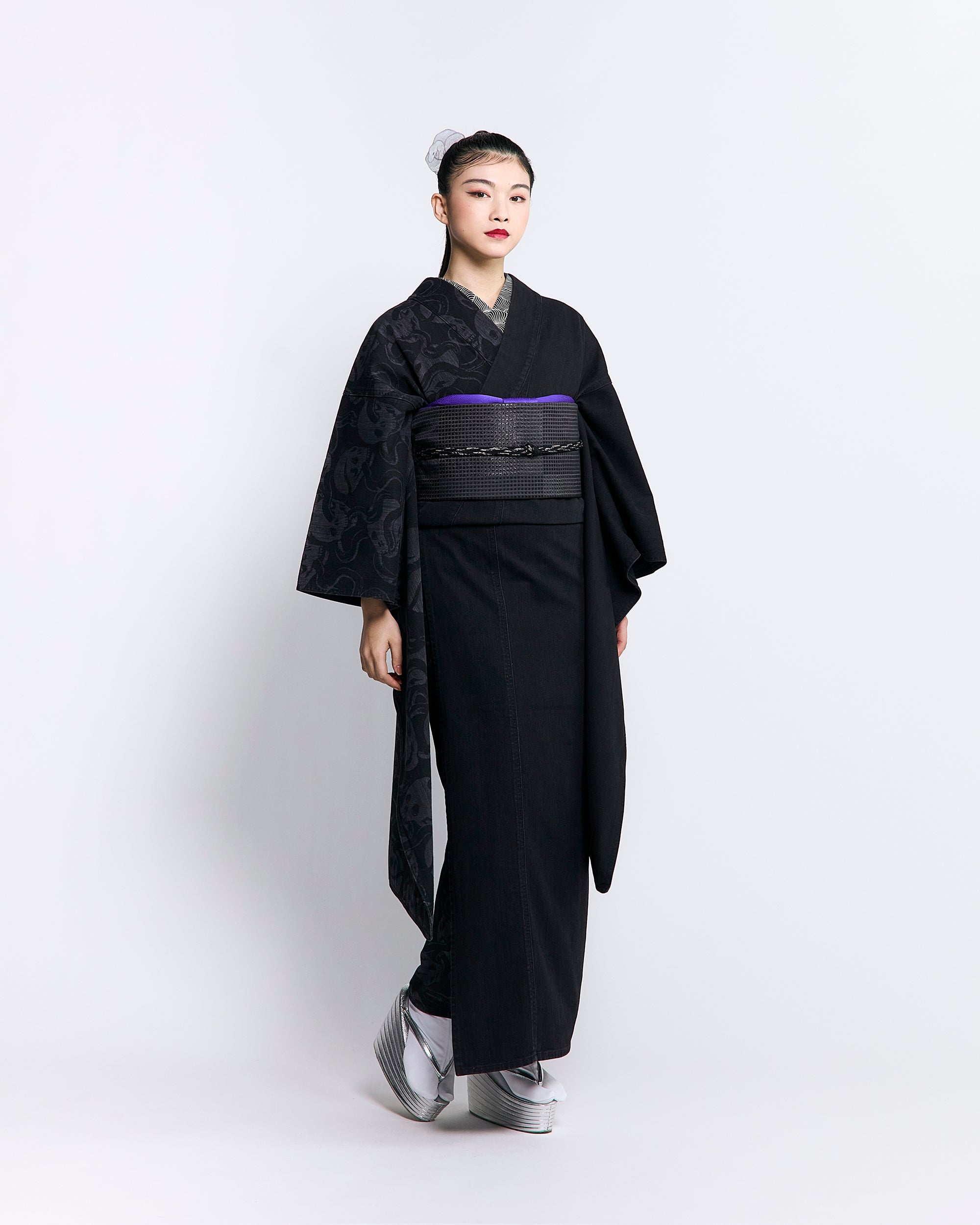 Denim Furisode "Snake and Skull Black"