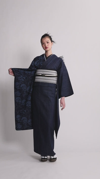 成人式振袖レンタル｜デニム蛇と髑髏 1yr×銀畳格子