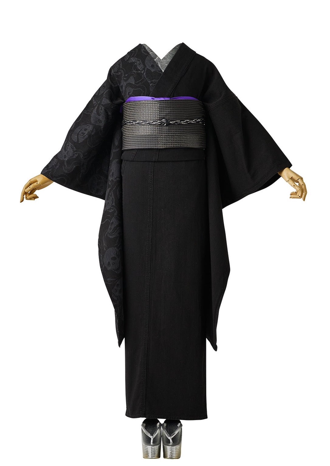 デニム蛇と髑髏BK×漆市松黒｜デニム振袖