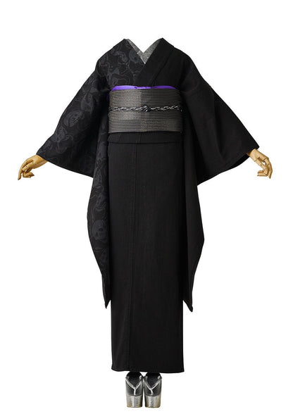 デニム蛇と髑髏BK×漆市松黒｜デニム振袖