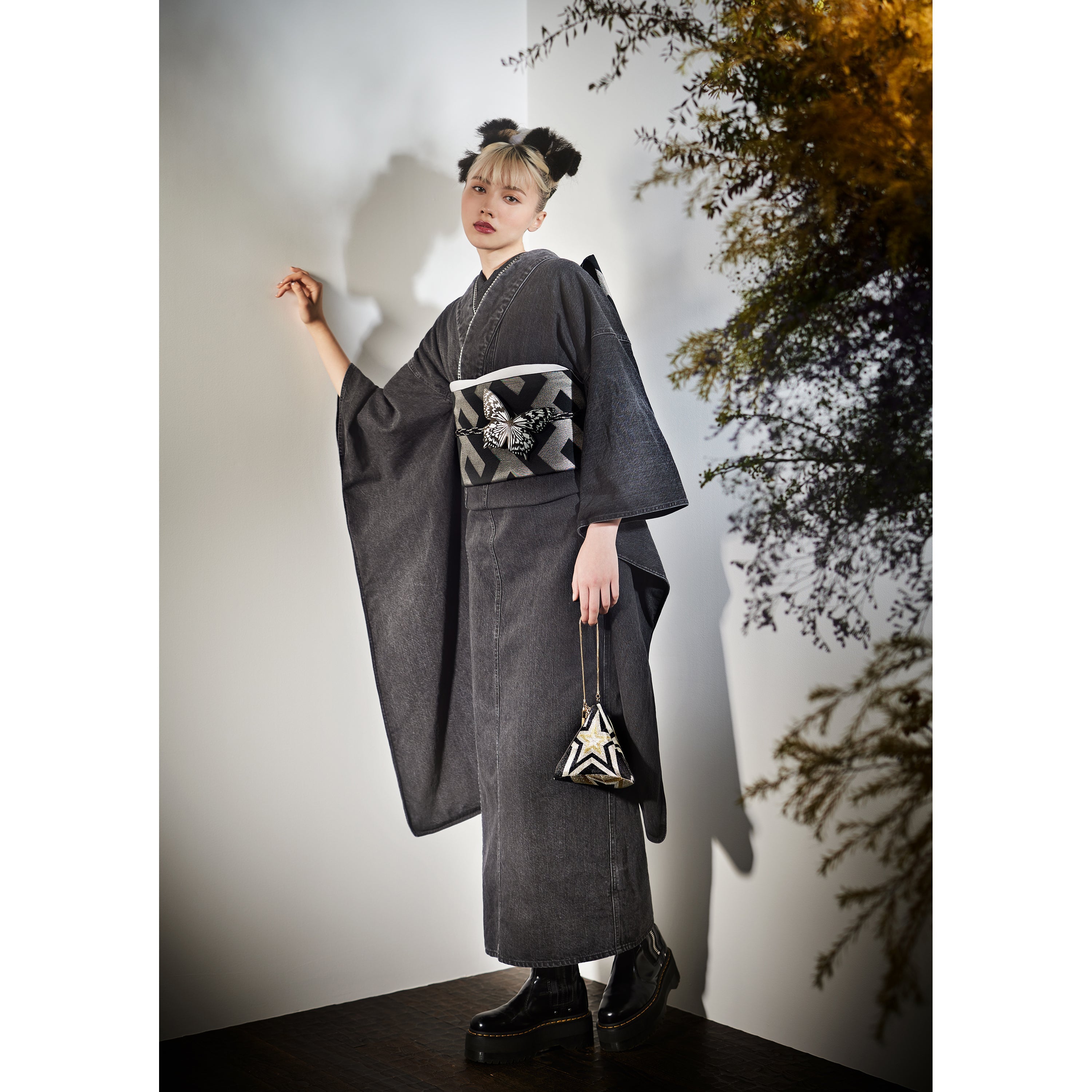 [Purchase as a set] Denim Furisode "Gray Coordinate"