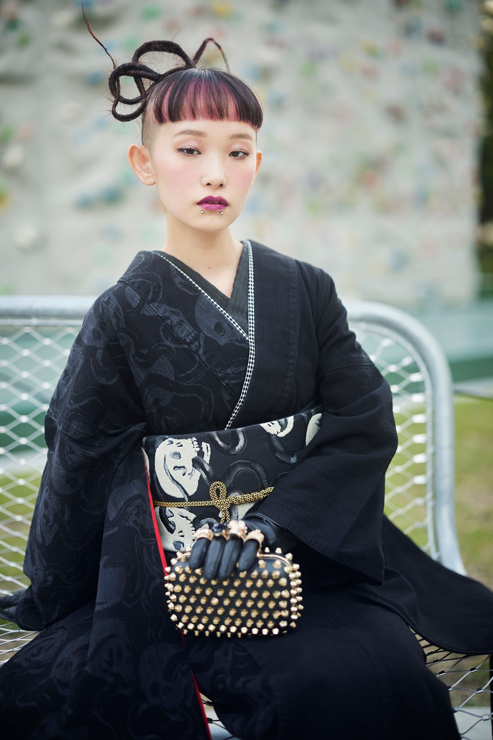 Denim Furisode "Snake and Skull Black"