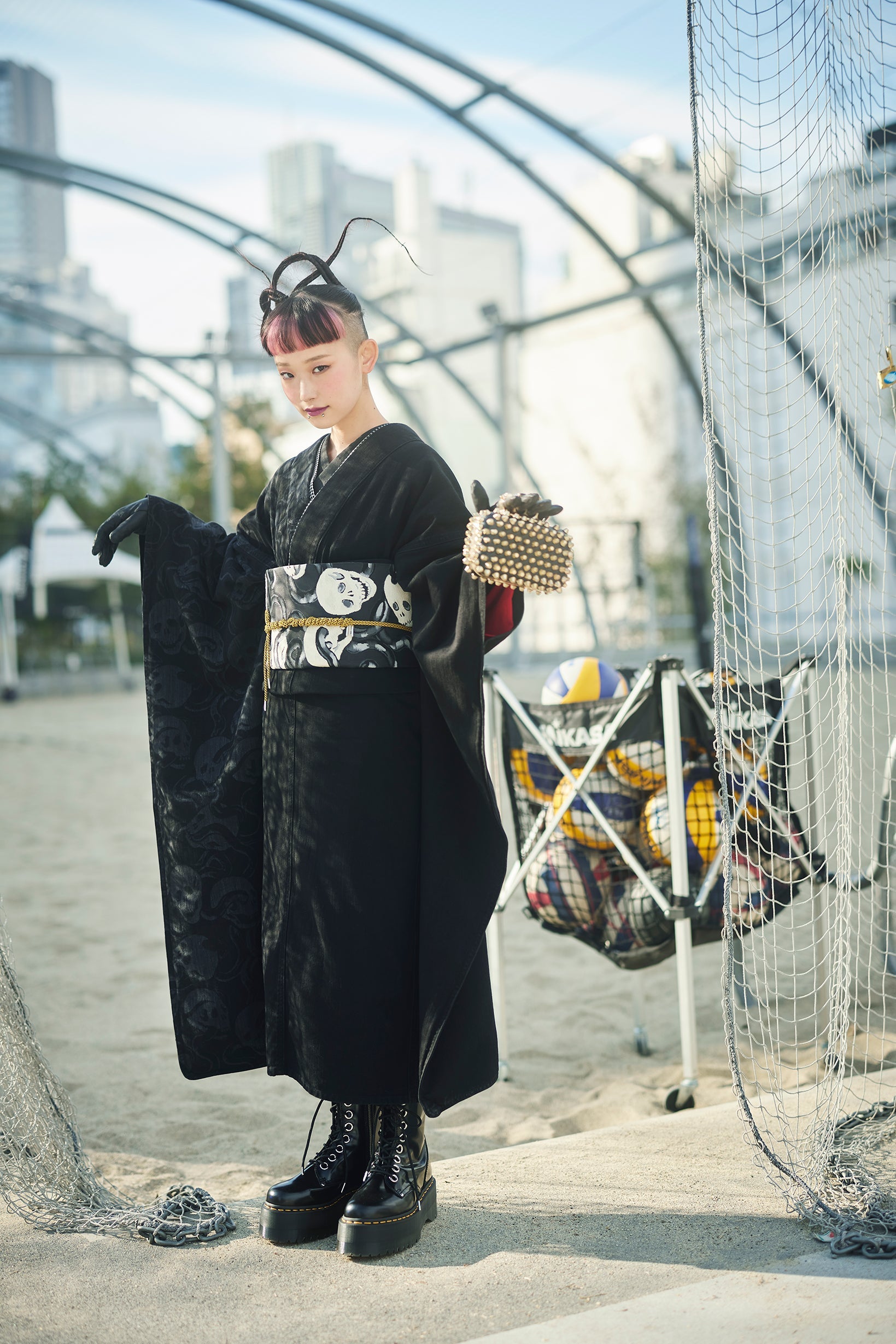 Denim Furisode "Snake and Skull Black"